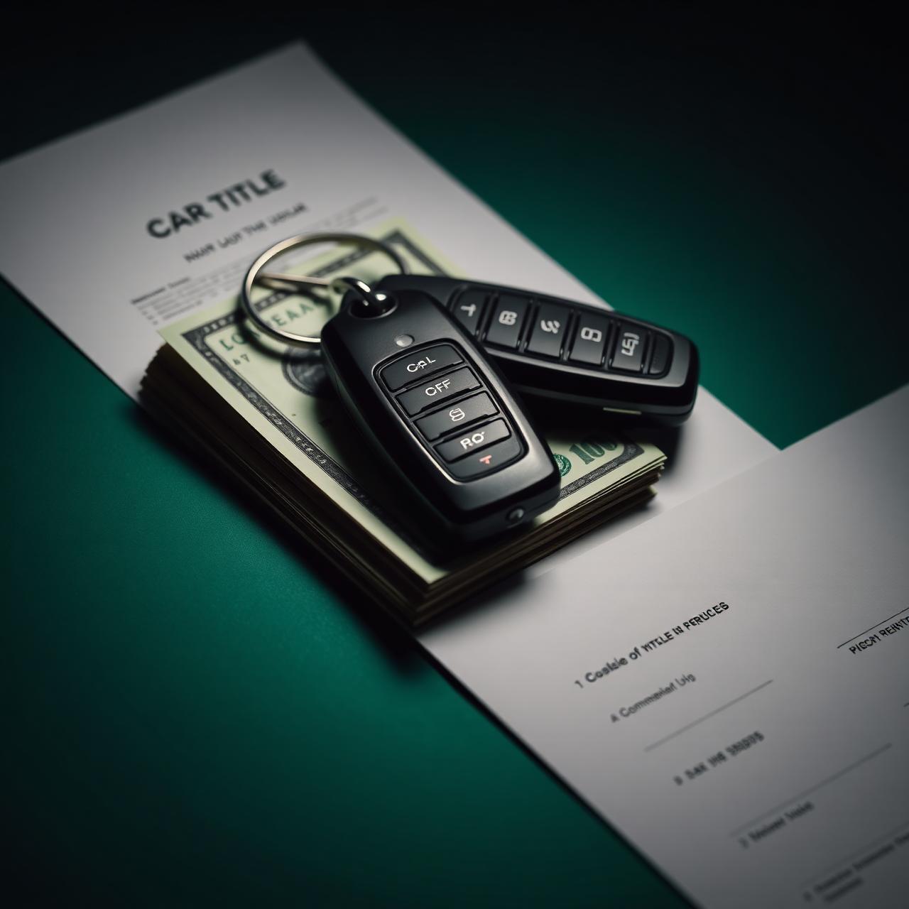 Car keys resting on a car title document and cash
